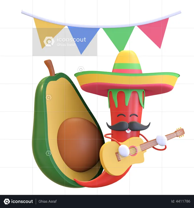 Red chili playing guitar with Avocado  3D Illustration