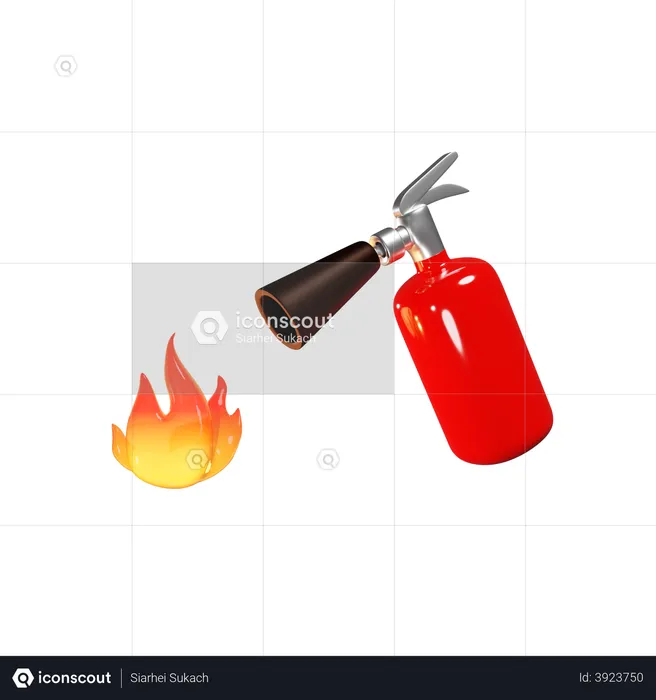 Red Fire Extinguisher And Burning Fire  3D Illustration