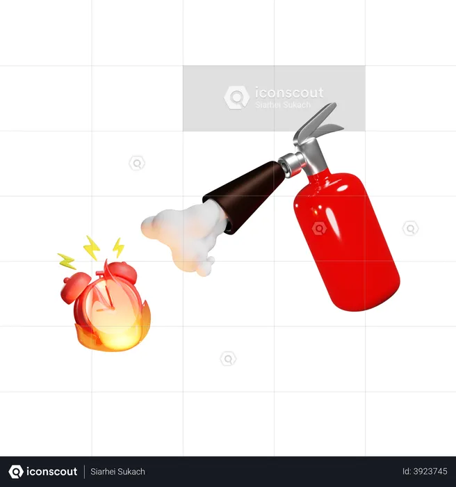 Red Fire Extinguisher Extinguishes The Alarm Clock On Fire Deadline  3D Illustration
