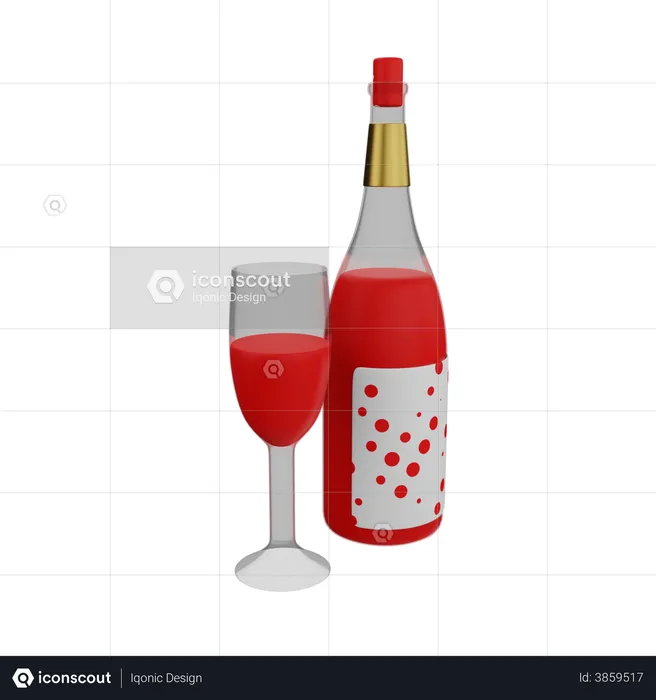 Red Wine Bottle And Glass  3D Illustration