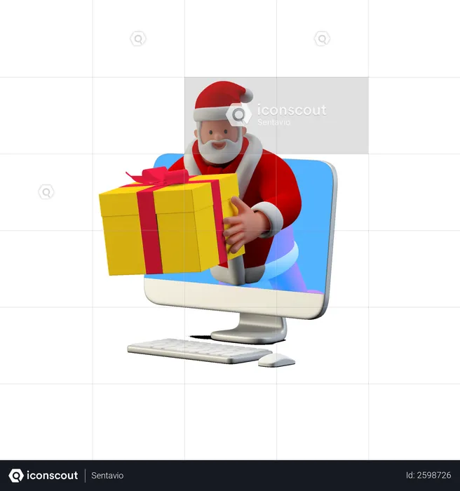 Santa dando regalos en línea desde la computadora  3D Illustration