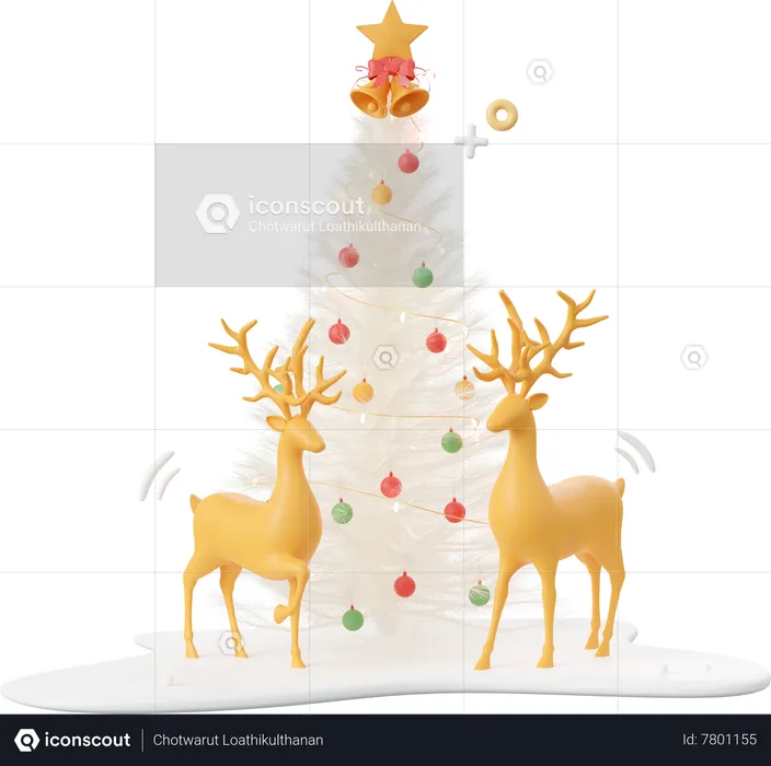 Reindeer And Christmas Tree On Snow Ground  3D Icon