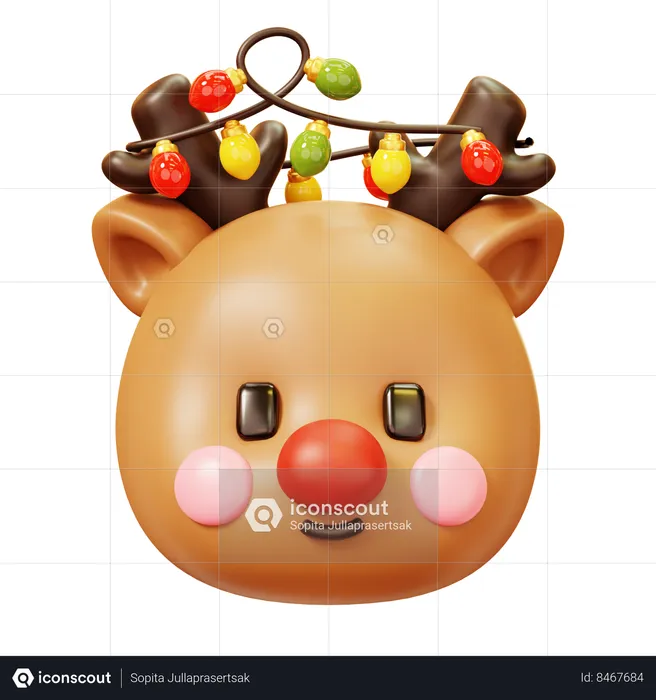 Reindeer Head With Christmas Light  3D Icon