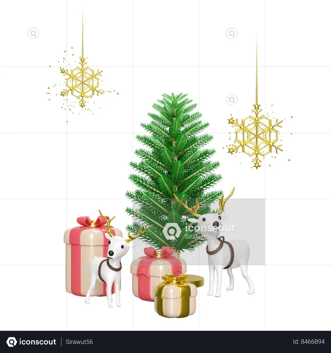 Reindeer is standing along christmas tree  3D Illustration