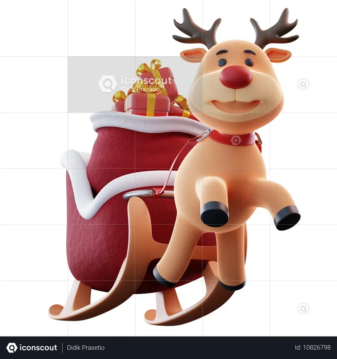Reindeer Sledge With Gift  3D Icon
