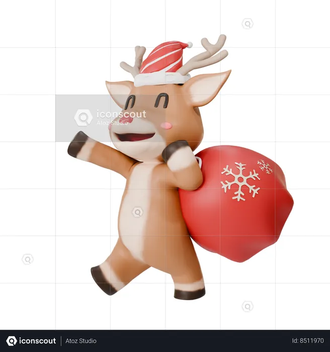 Reindeer With Gift Bag  3D Icon