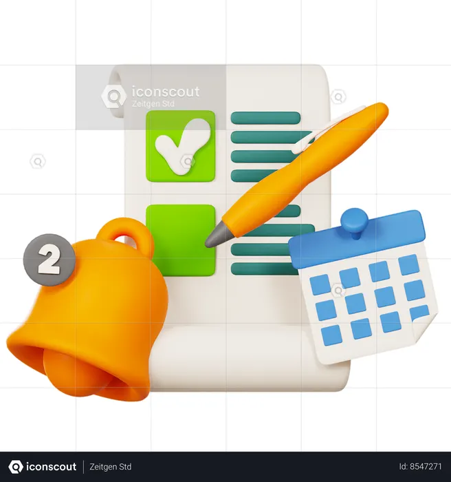 Reminder Notification With Bell And Pencil Calendar Event Planner  3D Icon