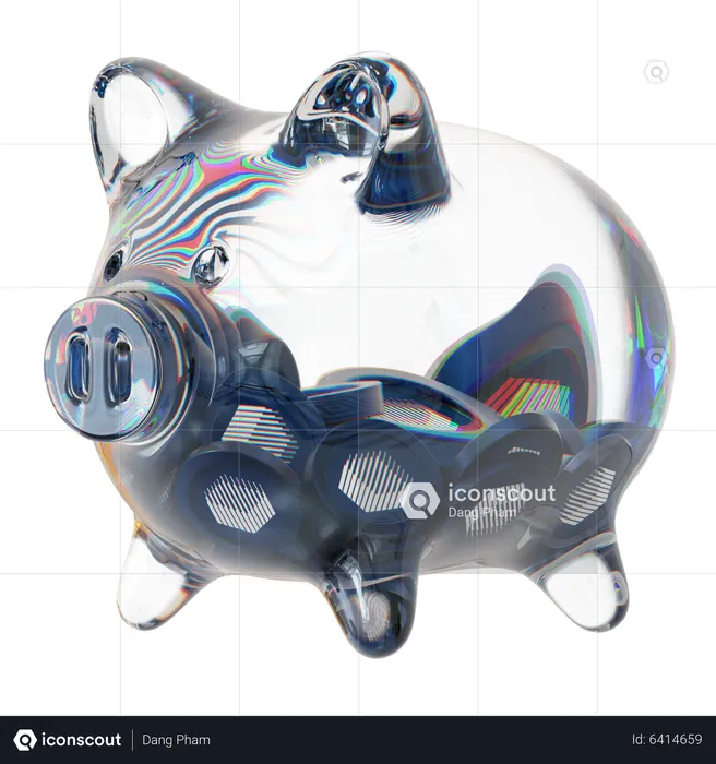 Ren Clear Glass Piggy Bank With Decreasing Piles Of Crypto Coins  3D Icon