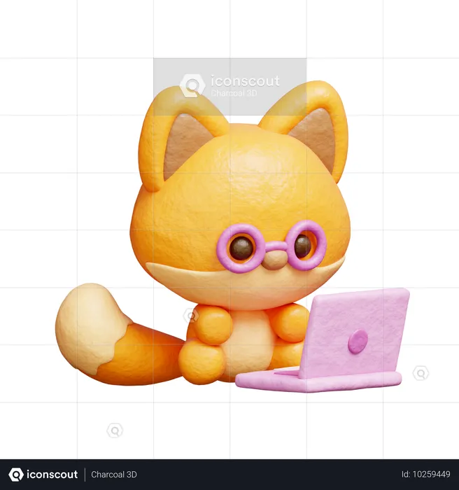 Renard mignon travaillant sur un ordinateur portable  3D Illustration