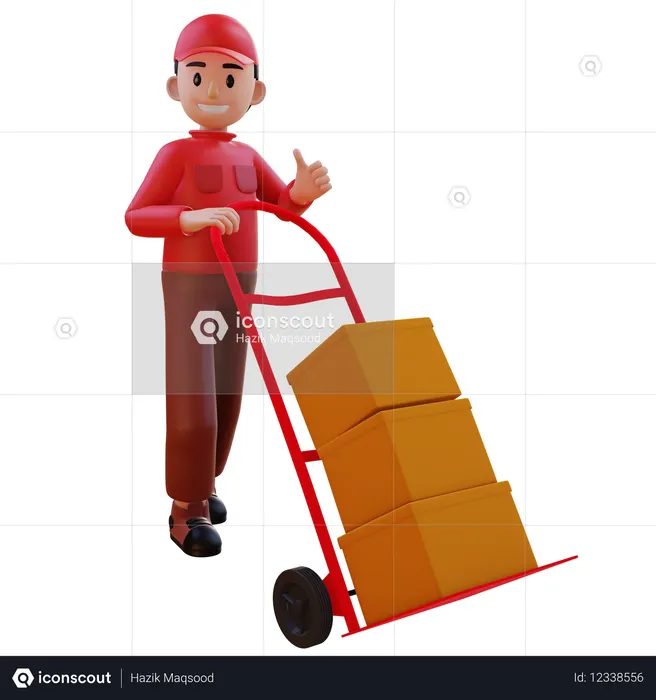 Repartidor empujando un carrito logístico  3D Icon