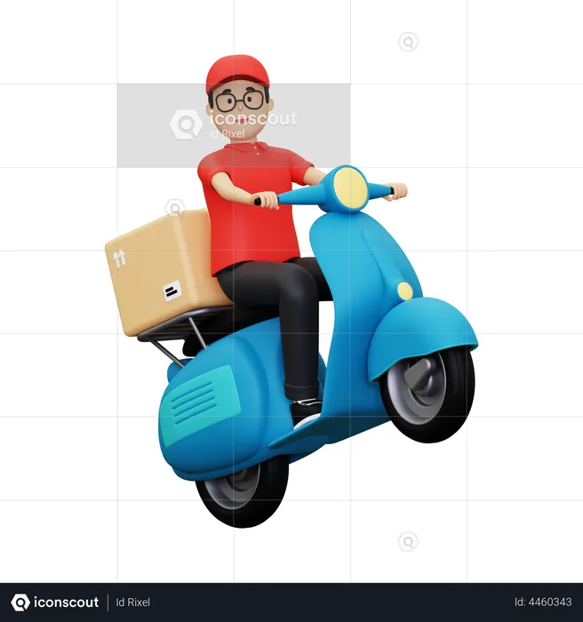 Repartidor en scooter va a entregar el paquete  3D Illustration