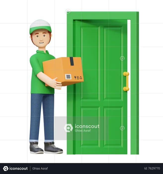 Repartidor enviando paquete de caja frente a la puerta  3D Illustration