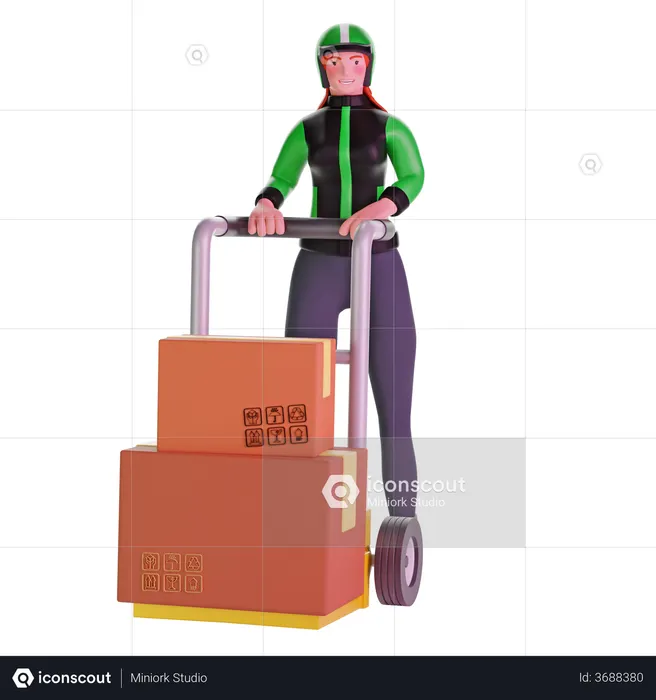 Repartidora sosteniendo carro cargado con cajas de cartón  3D Icon