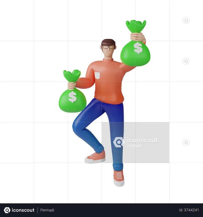 Rich businessman holding cash bags  3D Illustration