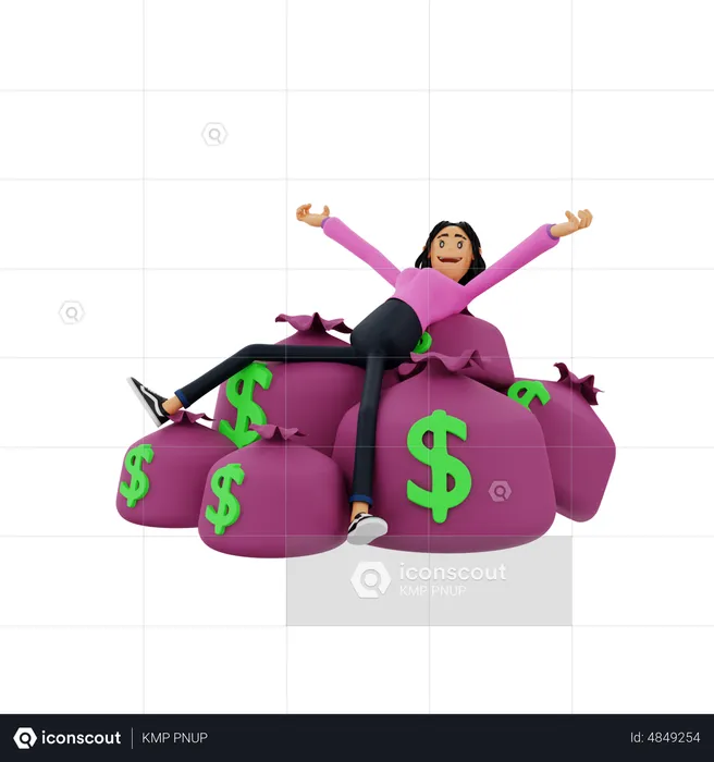 Rich Businesswoman relaxing on money bags  3D Illustration