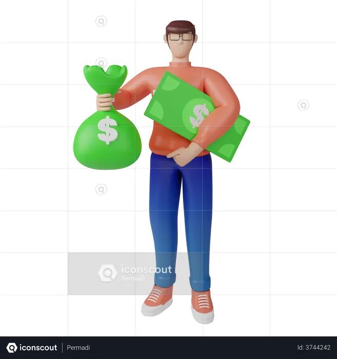 Rich investor with bag of money  3D Illustration
