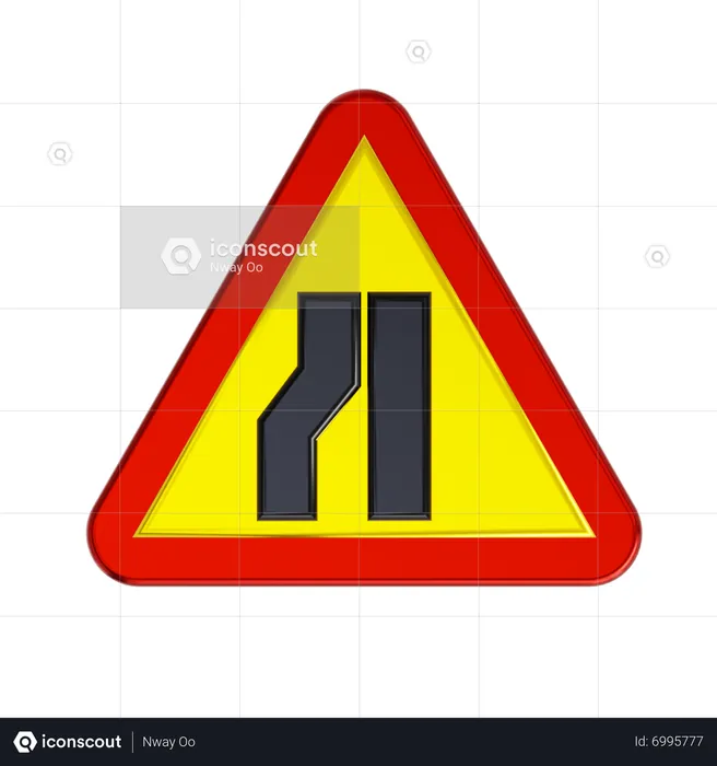 Road Narrows On Left Road Sign  3D Icon