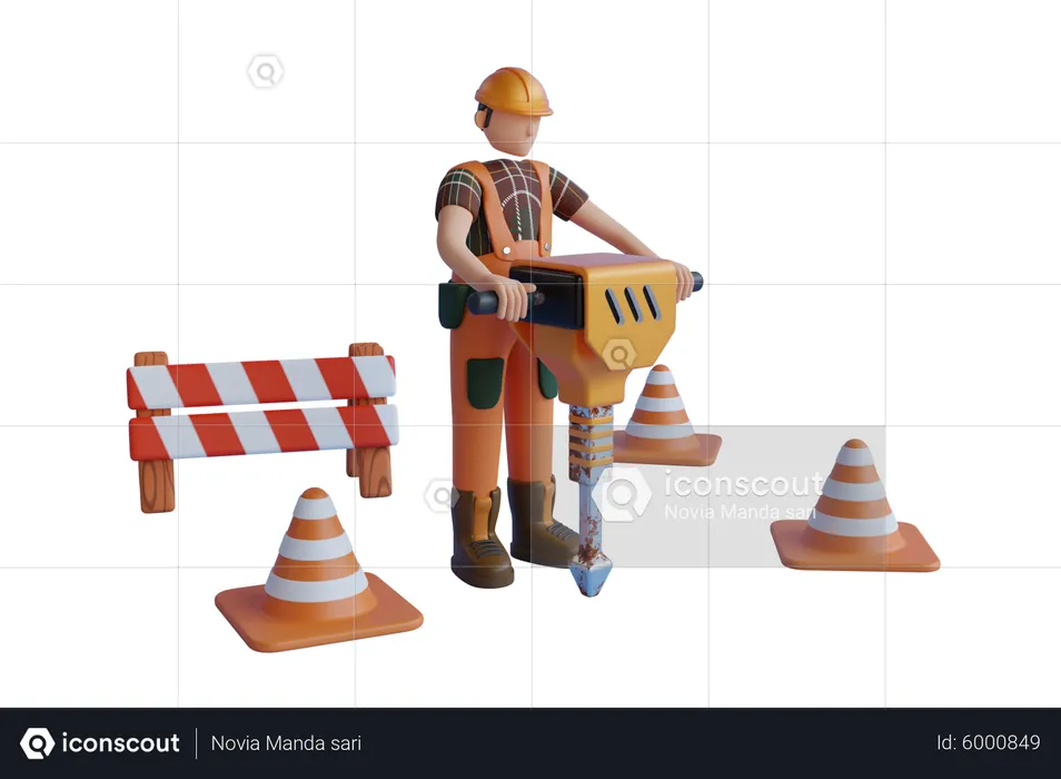 Road Worker Man Working With Power Jackhammer  3D Illustration