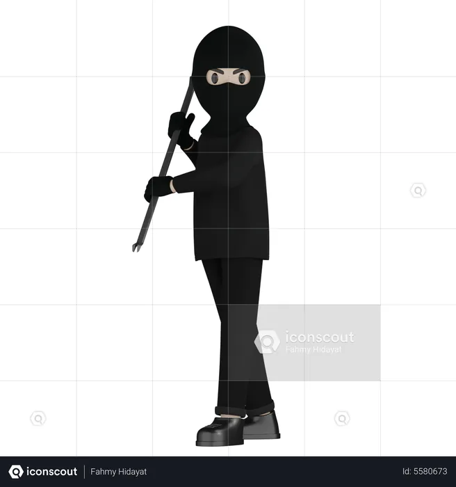 Robber Attacks With Steel Rod  3D Illustration