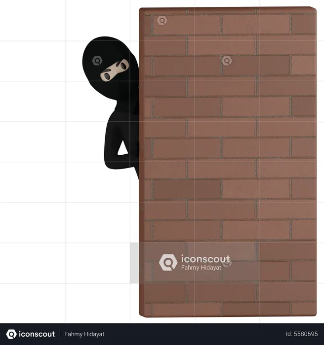Robber Hides Behind Wall  3D Illustration