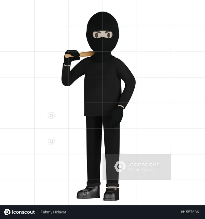 Robber Holding Baseball Bat  3D Illustration