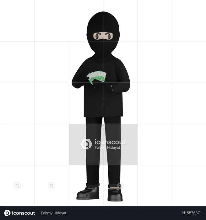 Robber Holding Money  3D Illustration
