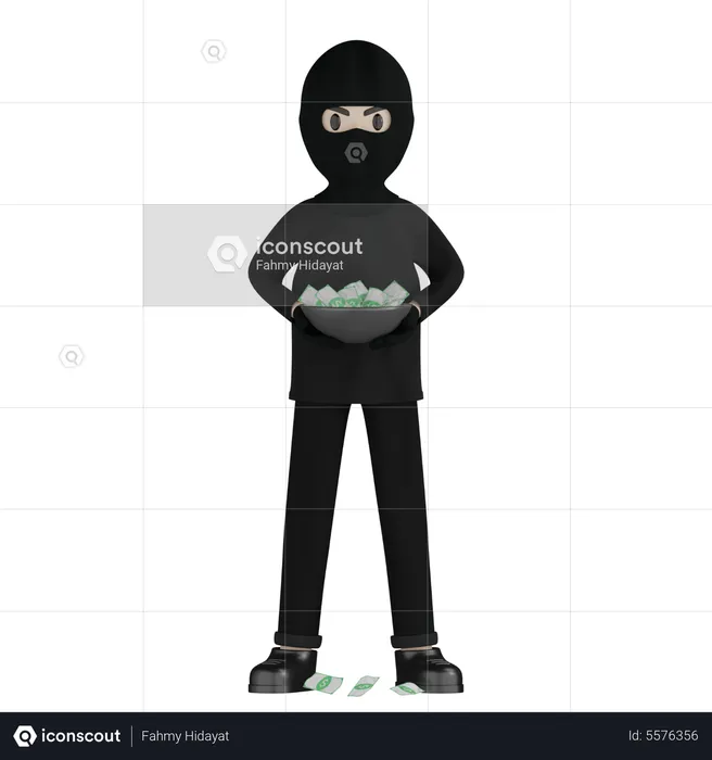 Robber Holding Money Bowl  3D Illustration