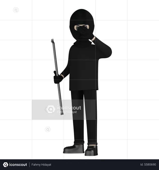 Robber Holding Steel Rod  3D Illustration