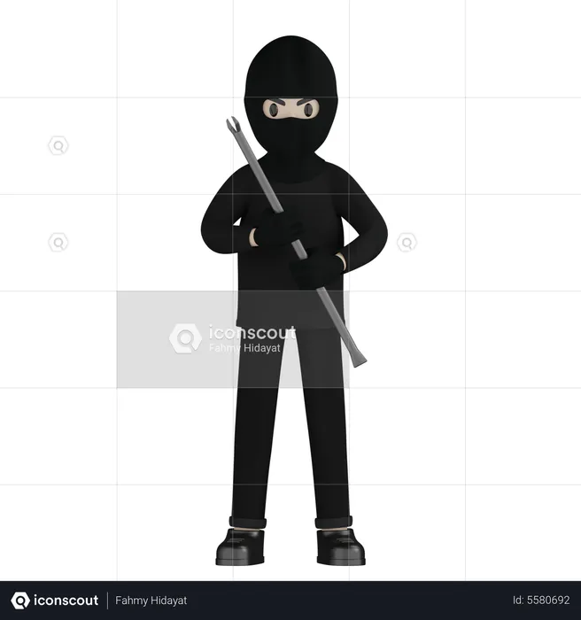 Robber Holding Steel Rod  3D Illustration