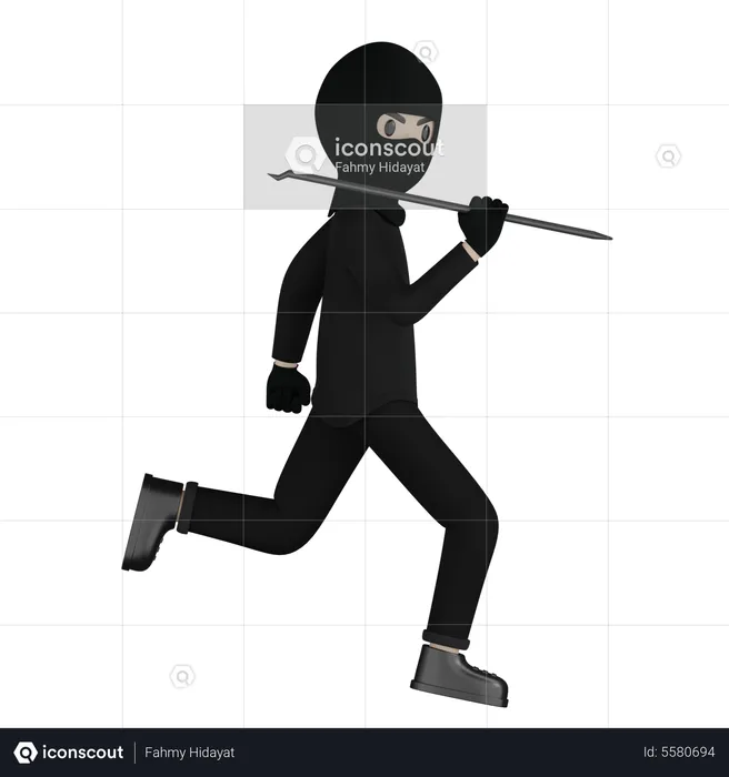Robber Running With Taking Steel Rod  3D Illustration
