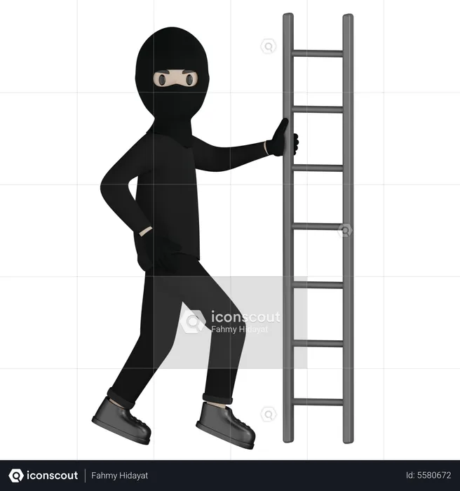 Robber Walking On Ladder  3D Illustration