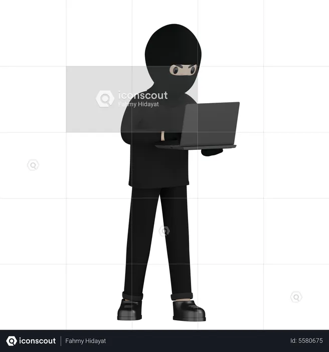 Robber With Laptop  3D Illustration