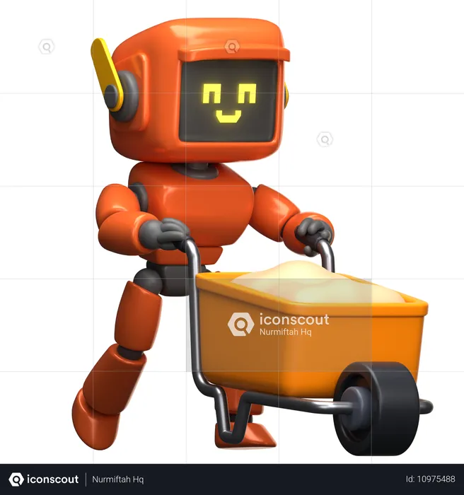 Robô Laranja Com Carrinho De Mão  3D Illustration