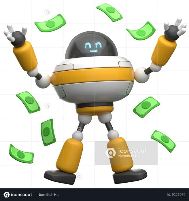 Robot con dinero cayendo  3D Illustration