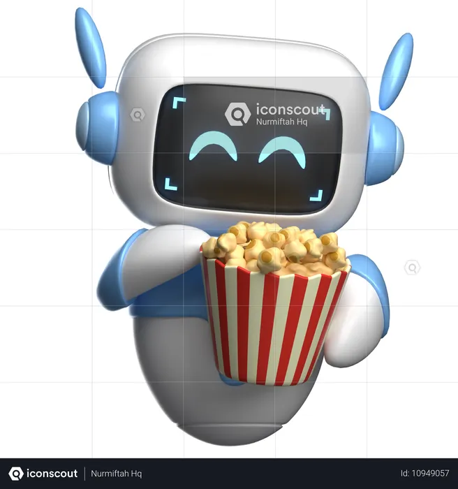 Robot Enjoying Popcorn  3D Illustration