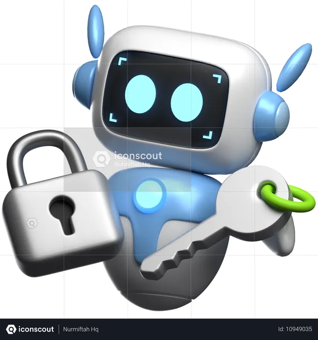 Robot Holding Key And Lock  3D Illustration