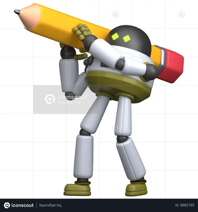 Robot Lifting Giant Pencil  3D Illustration