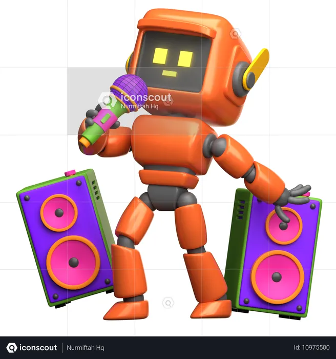 Robot naranja cantando con altavoces  3D Illustration