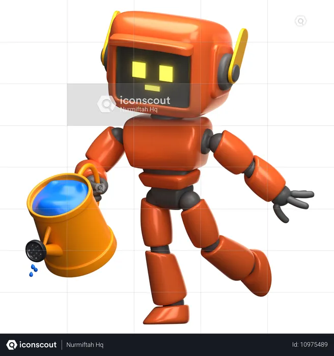 Robot naranja que lleva un cubo de agua  3D Illustration