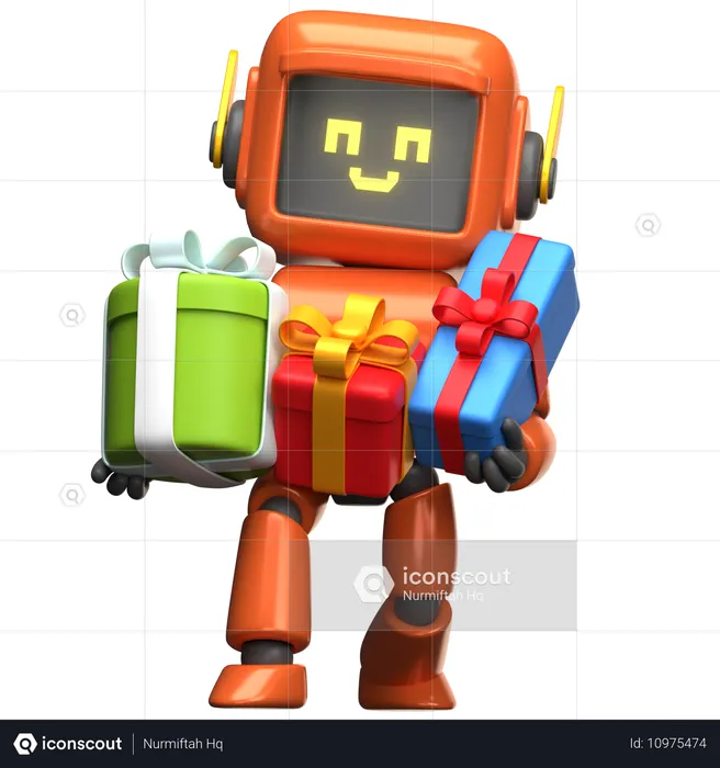 Robot naranja sosteniendo una caja de regalo  3D Illustration