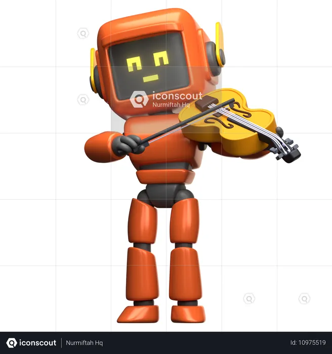 Robot naranja tocando el violín  3D Illustration