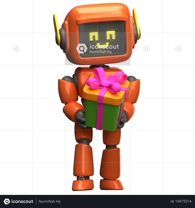 Robot orange tenant une boîte cadeau  3D Illustration