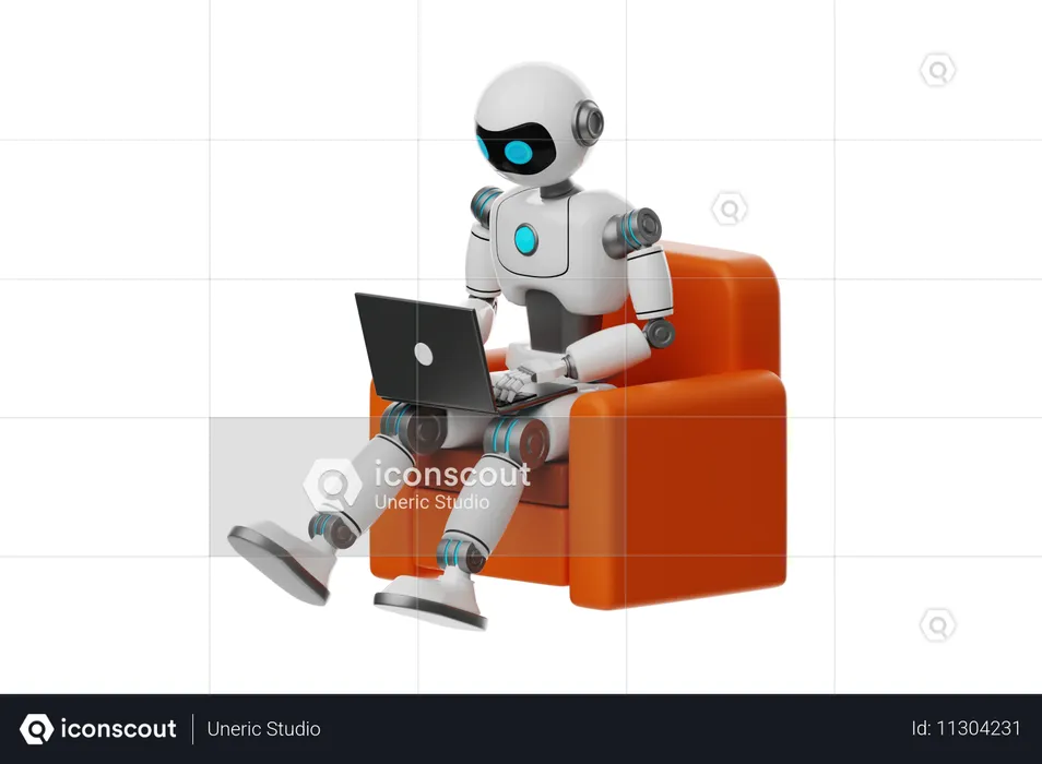ソファに座りながらノートパソコンを操作するロボット  3D Icon
