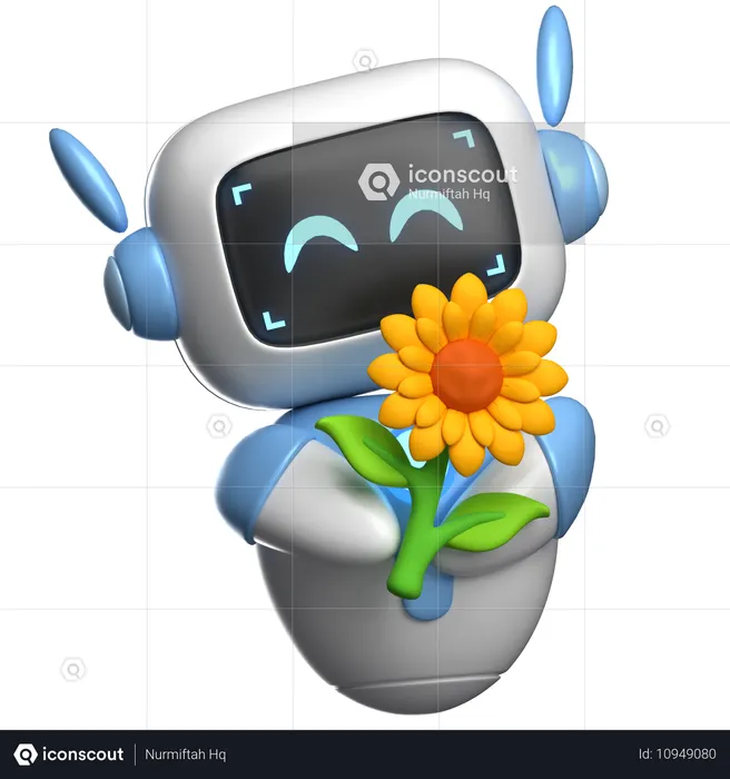 Roboter der eine Blume hält  3D Illustration