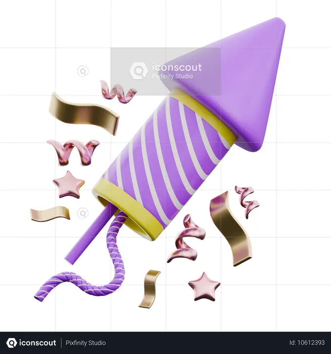Rocket Firework With Ribbons Stars  3D Icon