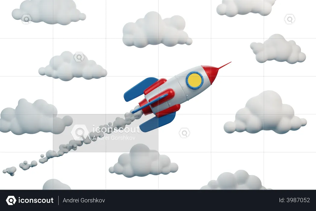 Rocket With Jet Smoke Flies Among The Clouds  3D Illustration
