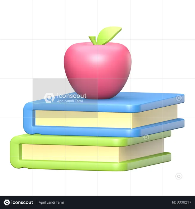 Roter Apfel auf einem Stapel Bücher  3D Illustration