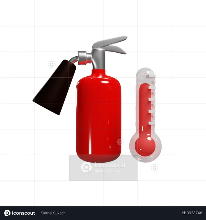 Roter Feuerlöscher und heißes Thermometer senken die Temperatur  3D Illustration