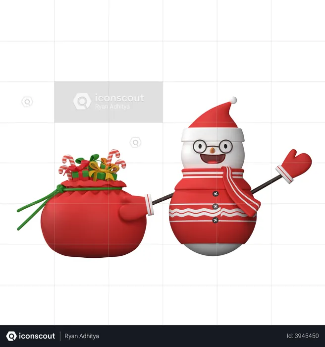 Boneco de neve com sacola de presente do Papai Noel  3D Illustration