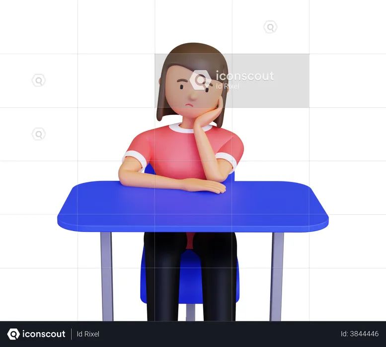 Sad woman seating on desk and thinking something  3D Illustration